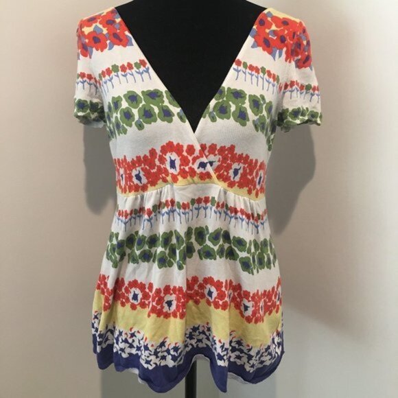 Anthropologie MOTH Multicolor Retro Floral Print Keyhole Cotton Top Size Small. - Picture 2 of 7